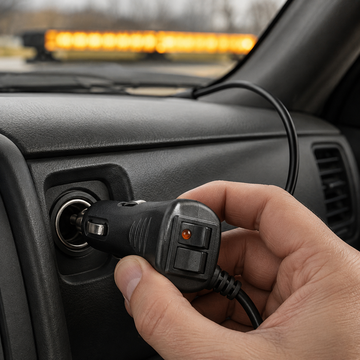 Accessory-outlet controller plug being connected inside a truck cab