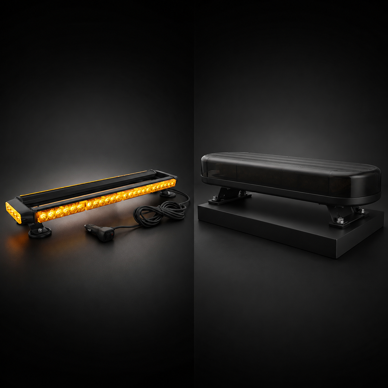 Slim magnetic Rovolt light bar compared with a bulky permanent warning bar