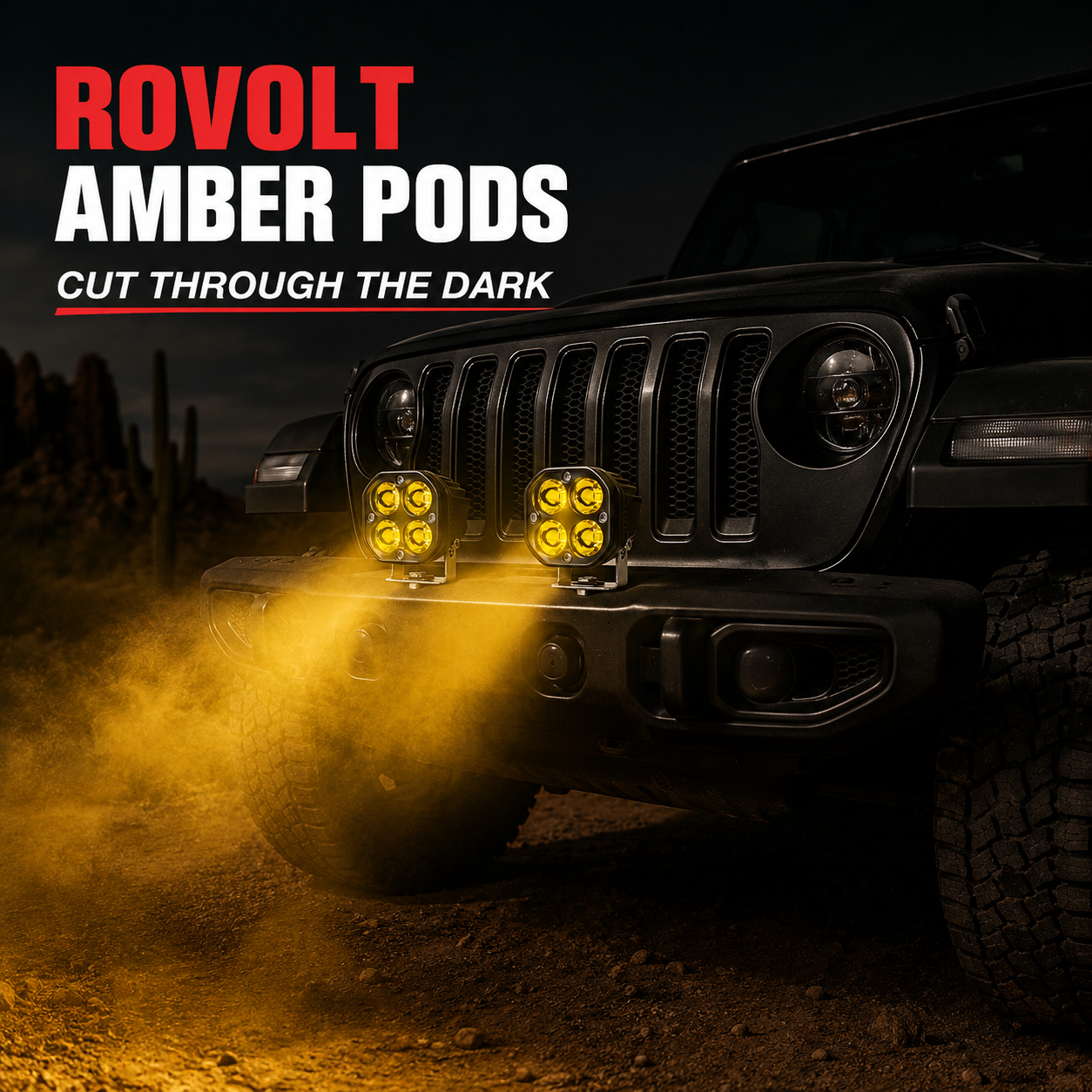 Rovolt Amber Pods mounted on a black off-road vehicle