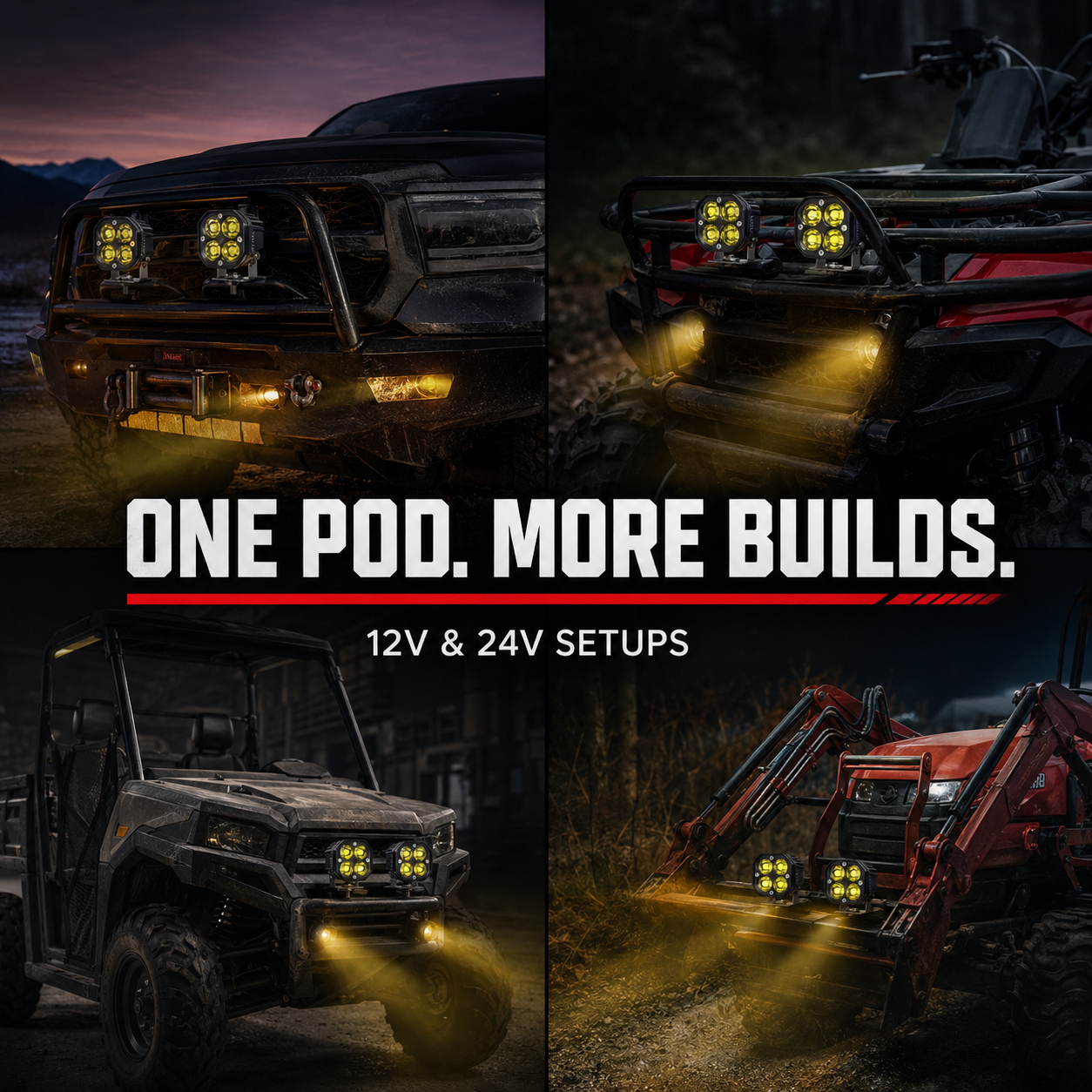 Compact Rovolt pods on multiple off-road and work vehicles