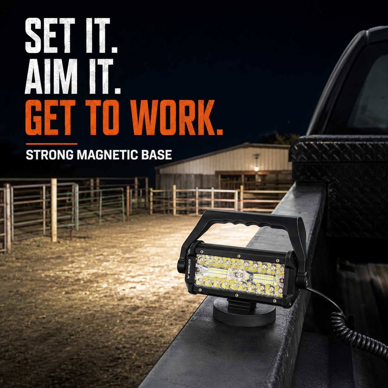 MAGBEAM 48 attached to a parked truck steel bed rail at night