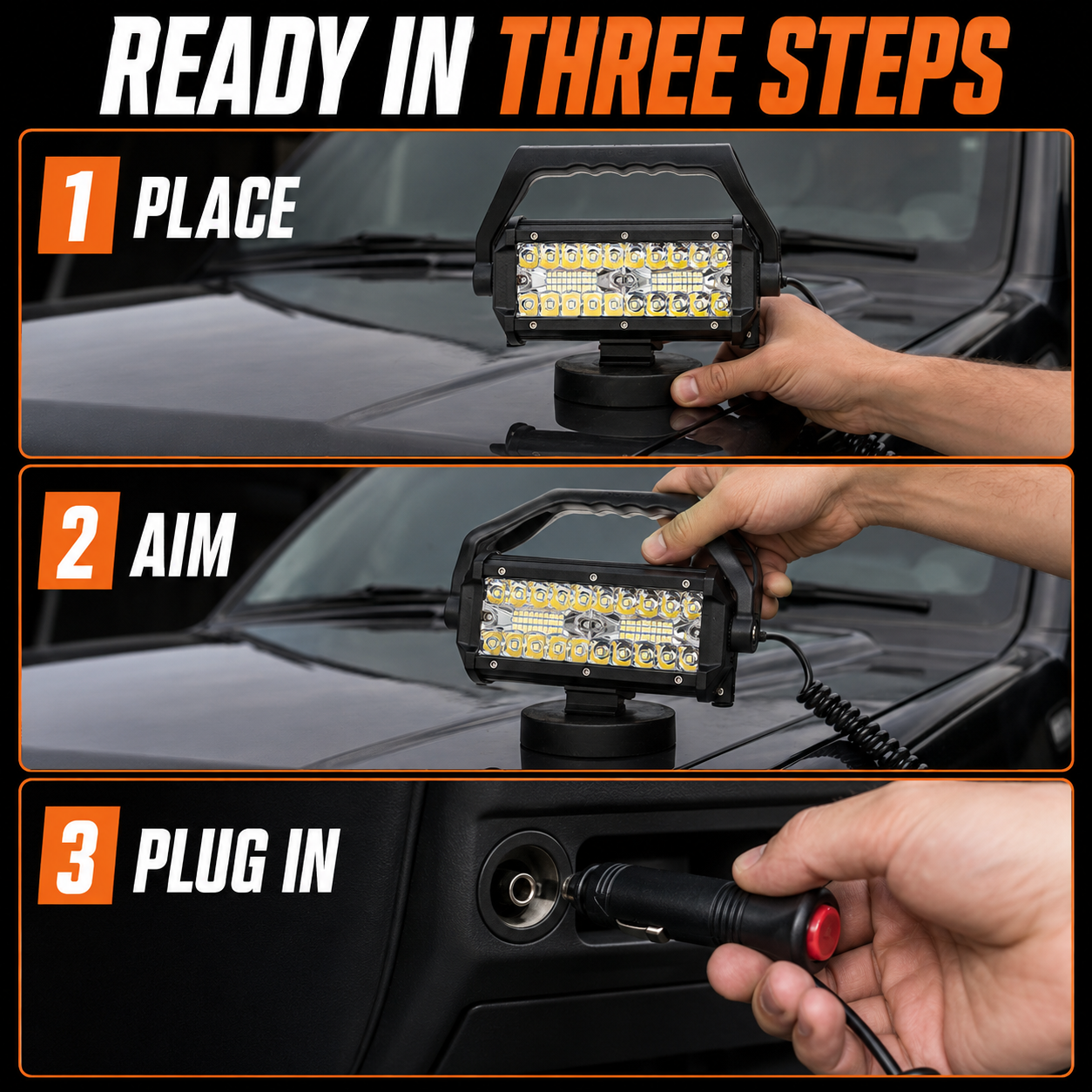 Three steps to place, aim, and plug in the MAGBEAM 48