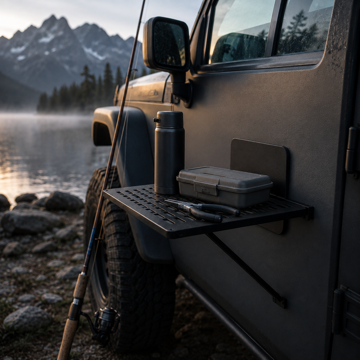 Magnetic vehicle table holding light fishing gear beside a lake