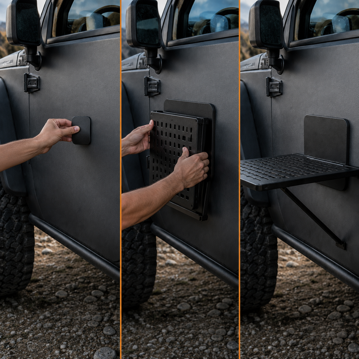 Three-step sequence: test the steel panel, attach the folded table, and deploy the support