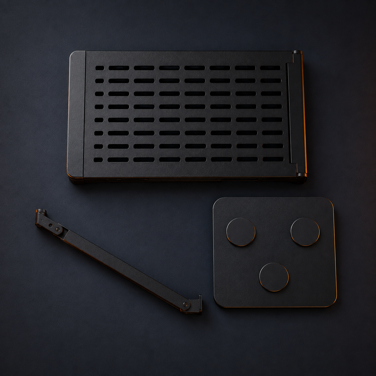 ROVOLT MAGDECK table, support arm and magnetic mounting plate shown in a studio flat lay