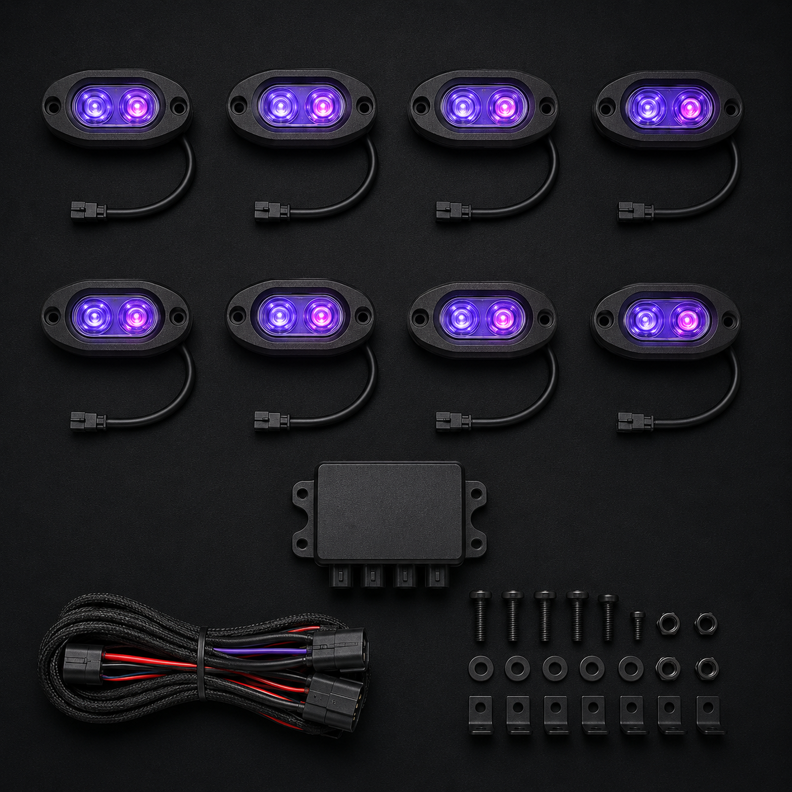 Top-down layout of an eight-pod RGB rock-light kit