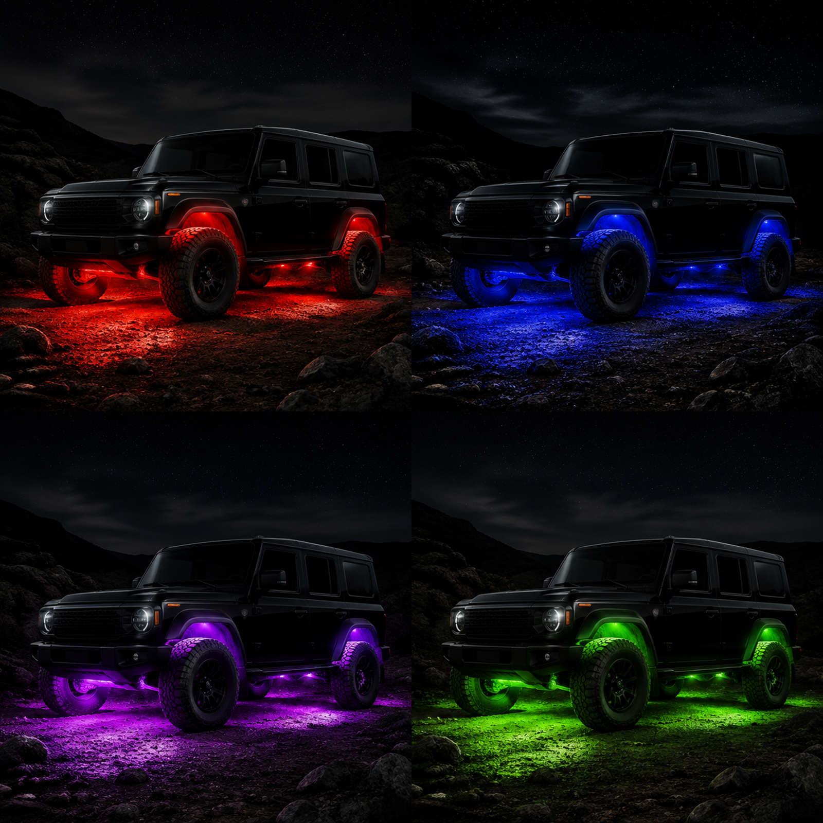 Off-road vehicle shown with multiple RGB rock-light colors