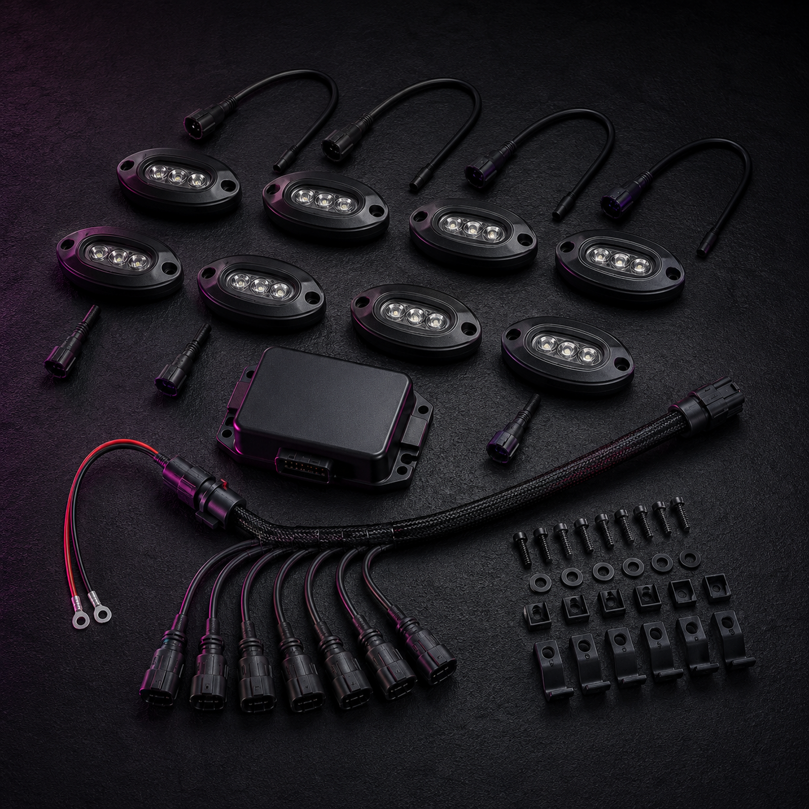 Rovolt RockGlow eight-pod kit components arranged on a dark surface