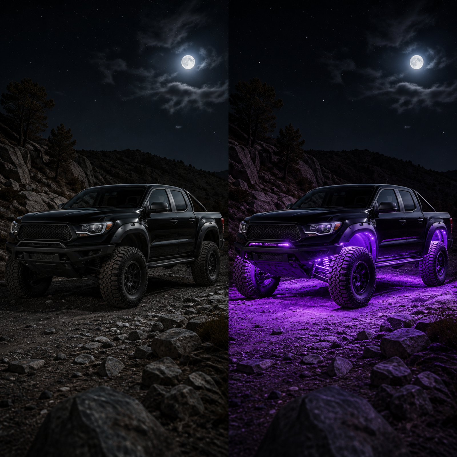 Off-road truck before and after turning on purple RGB rock lights