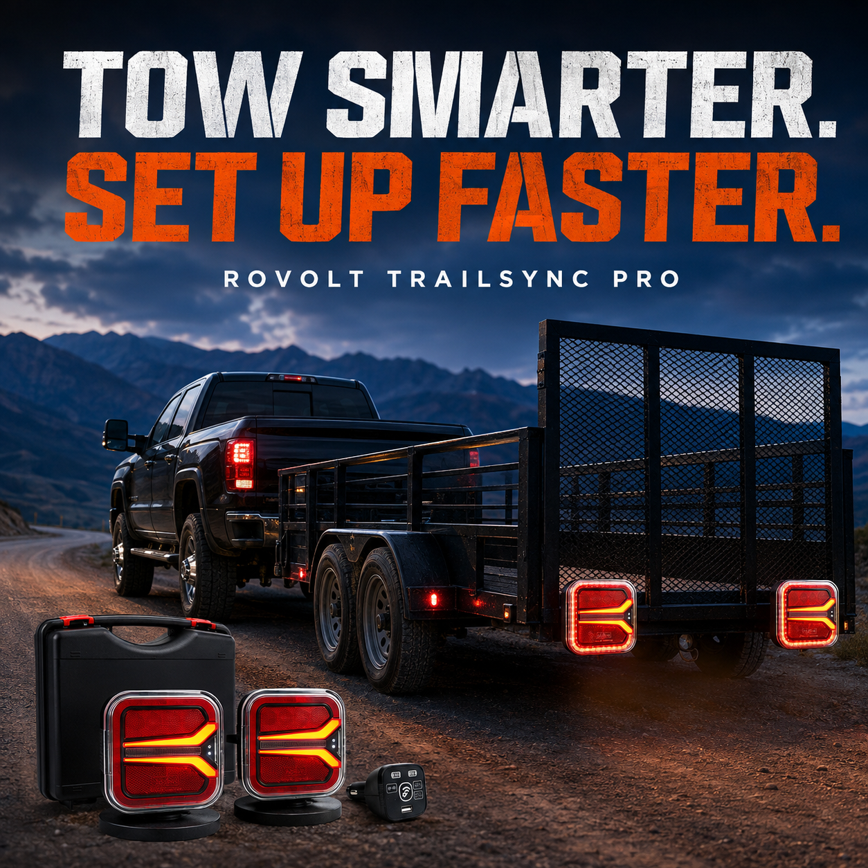 Pickup towing a utility trailer with ROVOLT TrailSync Pro lights