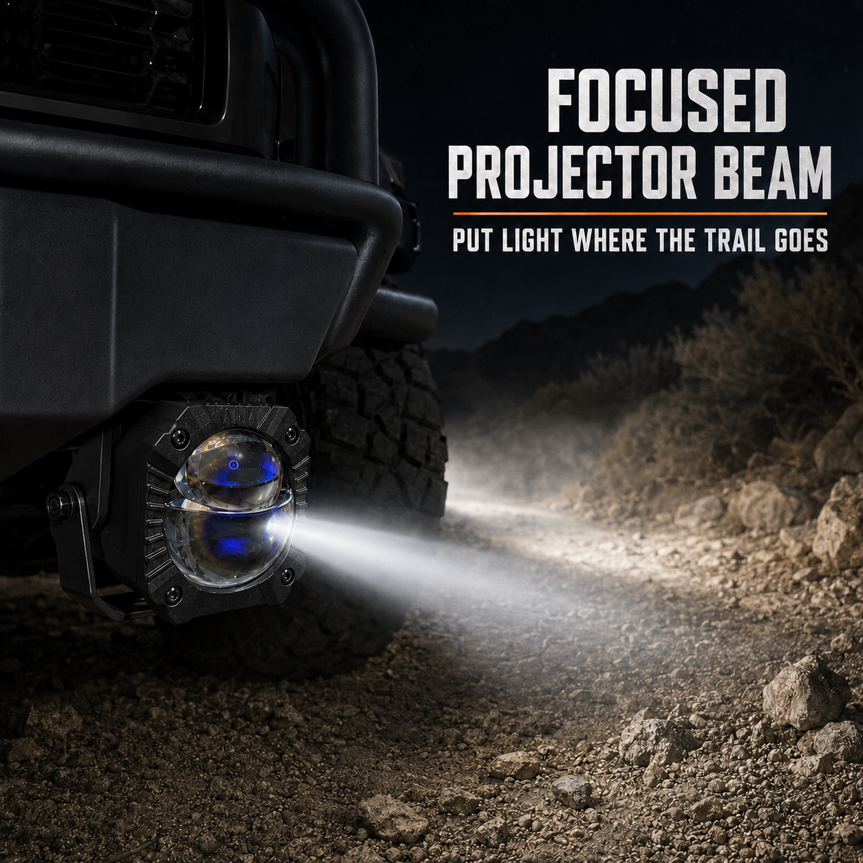 Focused projector beam from a compact auxiliary light on a rocky trail