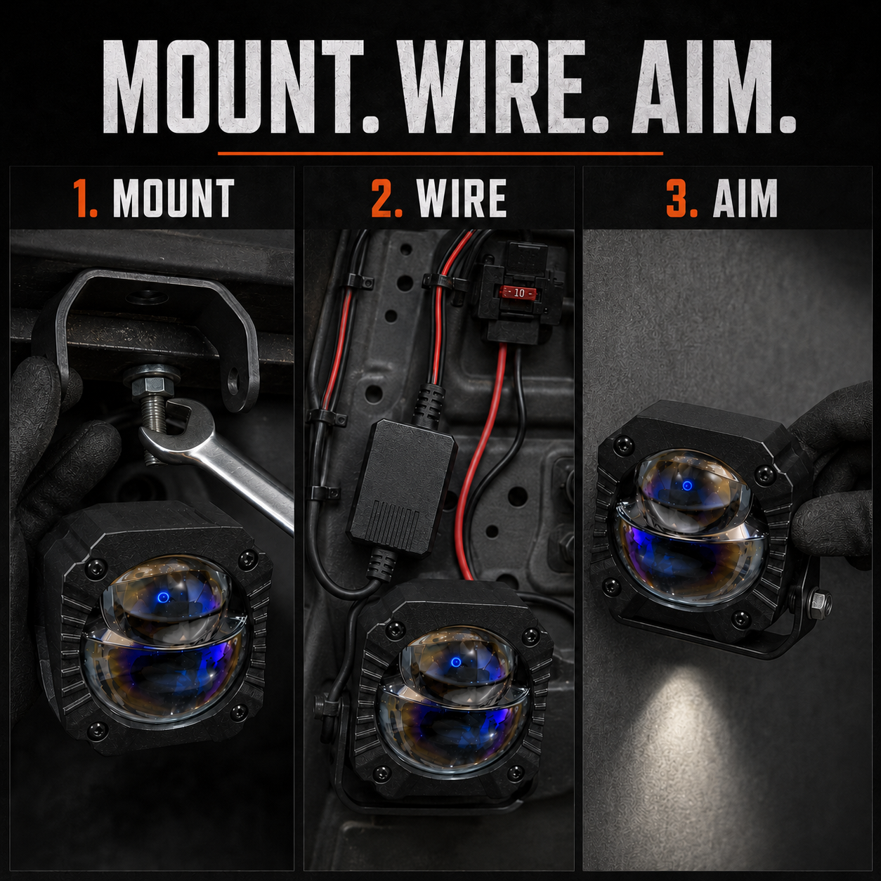 Three-step overview for mounting, wiring, and aiming the auxiliary projector lights