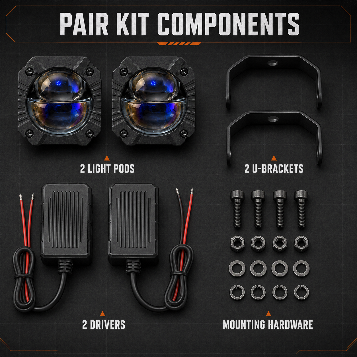 Pair kit components including two light pods, brackets, external drivers, and mounting hardware