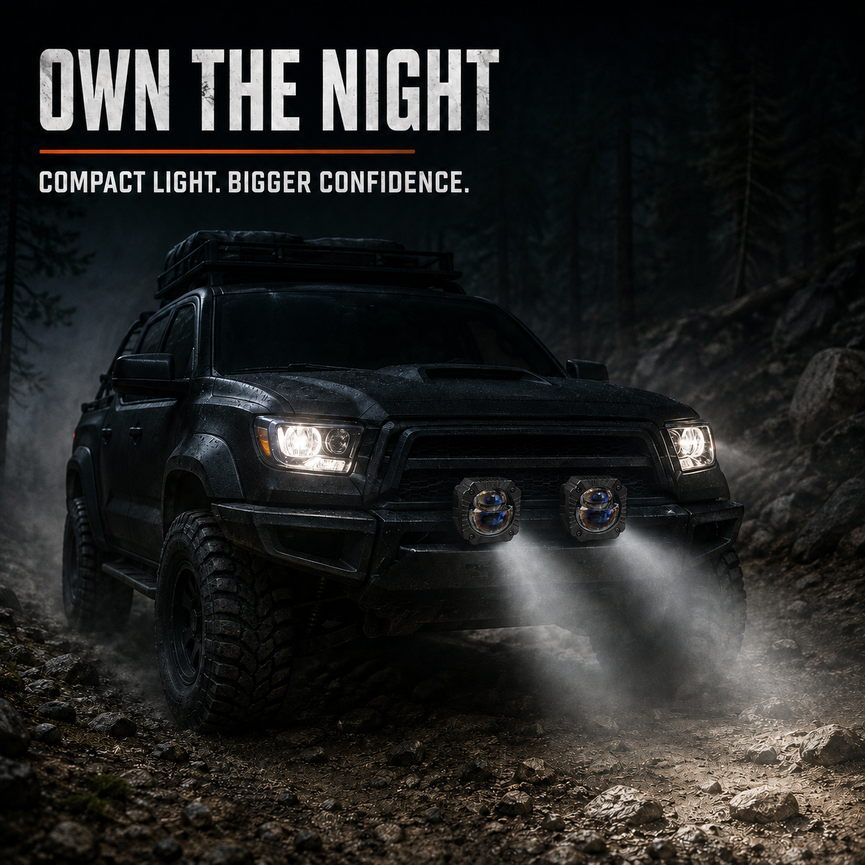 Generic off-road truck using two compact projector lights on a night trail